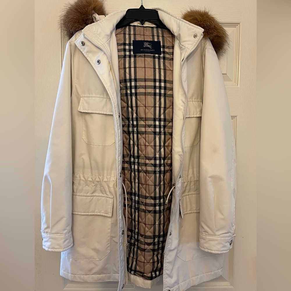Pre-Owned Burberry Cream Off White Quilted Plaid Lining Parka with Fox Fur Hood